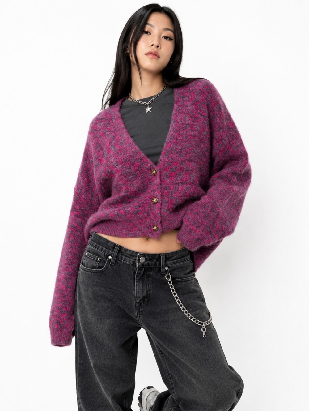 Urban Outfitters Pink Gray Fuzzy Oversized Cardigan Sweater Small